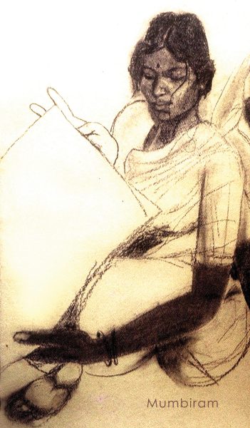 “Kusum brings her Mother Sakhrabai to visit the Artist”, Mumbiram, Charcoal, 1984, Pune Detail Kusum2