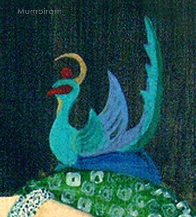 This blue porcelain bird of fantasy from Gokula's home is appearing as equivalent of the peacock that is prominent in Krishna's retinue.